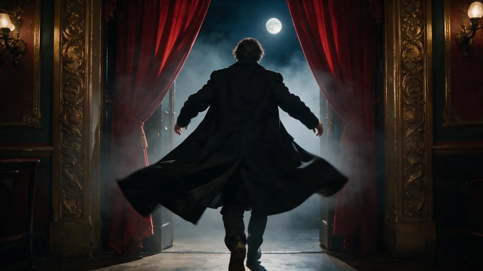 Fictional adult performer entering a theater illustrating a text-to-image composition