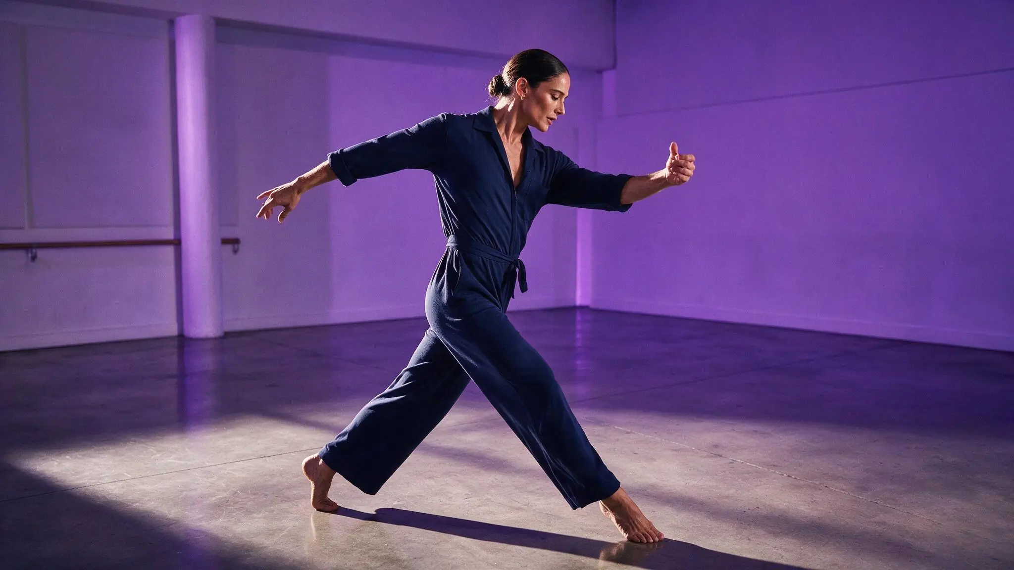 Fictional adult dancer illustrating an image-to-image lighting edit brief