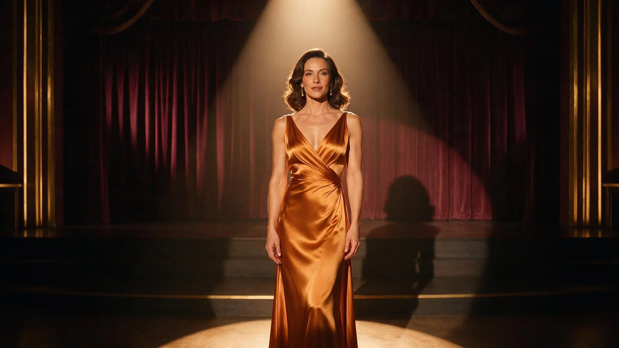 Fictional adult performer on an amber-lit stage used as an illustrative visual direction